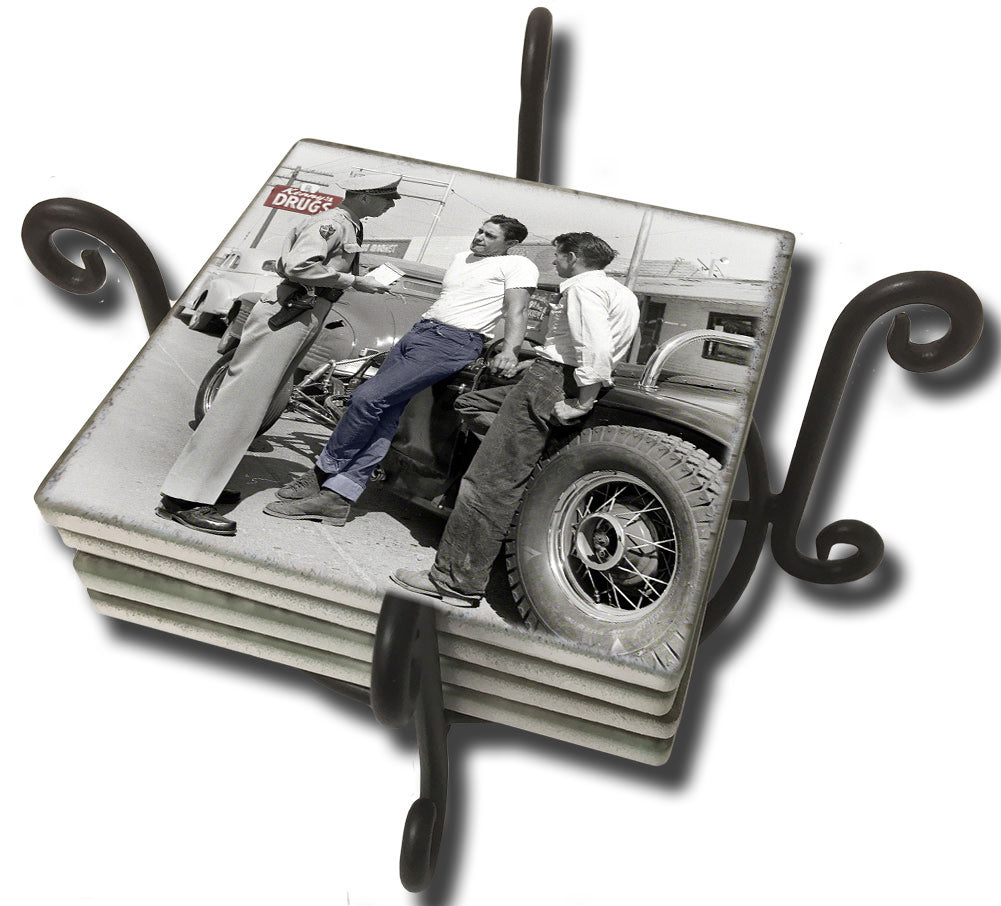 Tumbled Tile Coaster Set - Vintage Police Photo Teenagers Getting Speeding Ticket