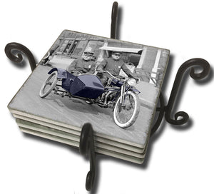 Tumbled Tile Coaster Set - Vintage Photo Motorcycle with Side Car On Patrol
