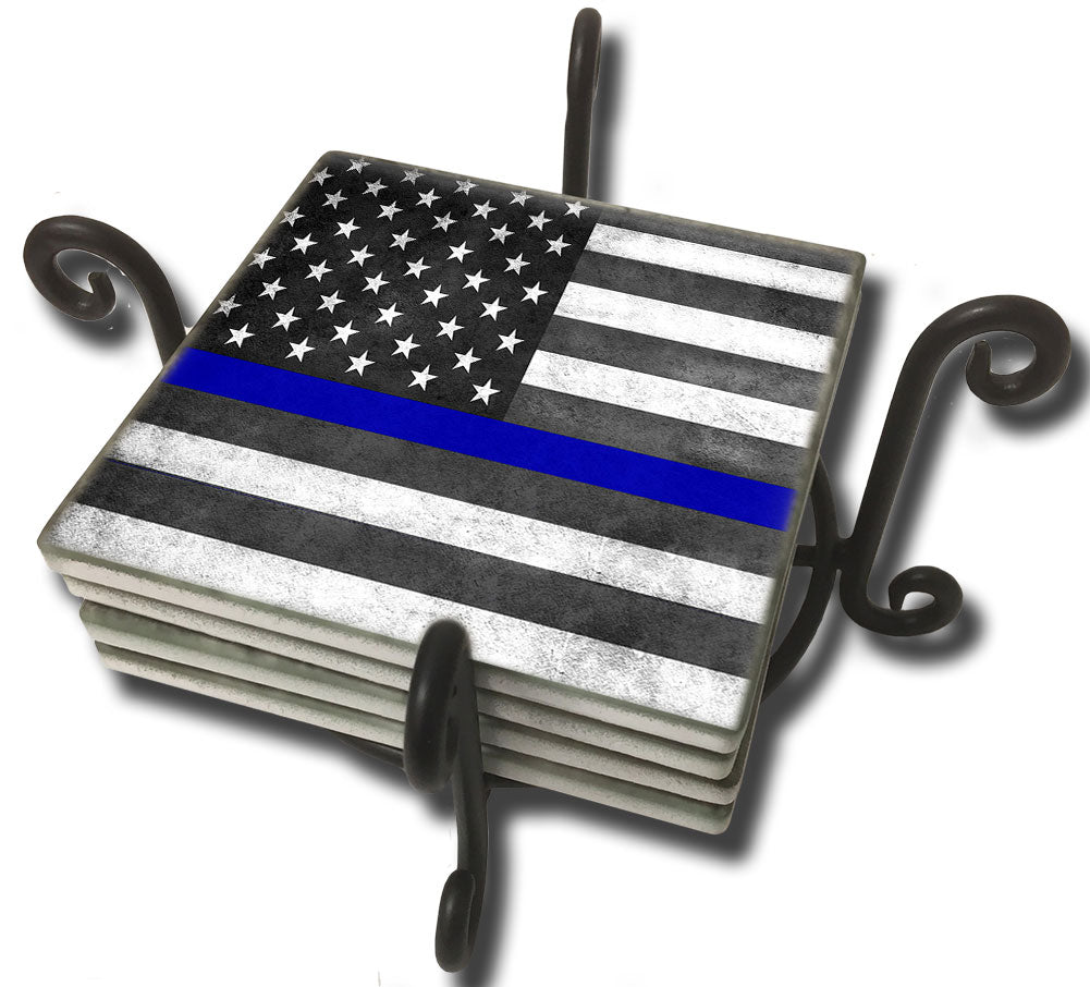 Tumbled Tile Coaster Set - Thin Blue Line Subdued American Flag