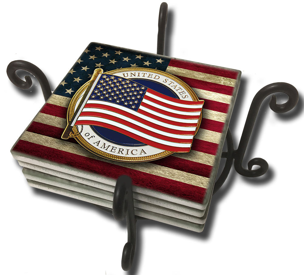 Tumbled Tile Coaster Set - Flowing American Flag Old Glory Design