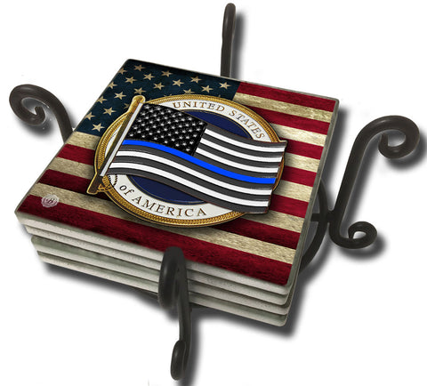 Tumbled Tile Coaster Set - Thin Blue Line Flowing Flag American Flag Design