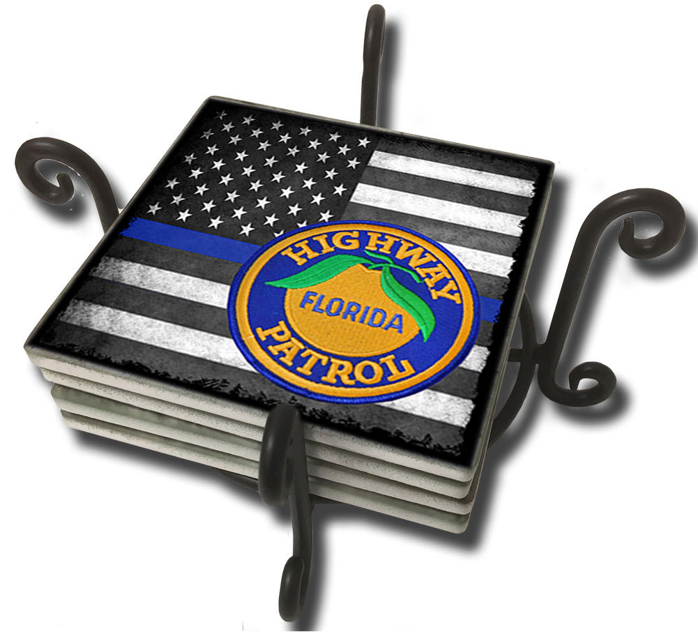 Tumbled Tile Coaster Set - Thin Blue Line American Flag Florida Highway Patrol