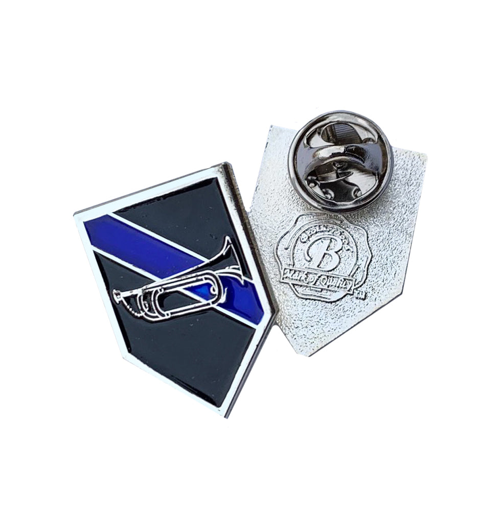 Thin Blue Line Police Sheriff Bugle Horn - Shield Shape Metal Lapel Pin