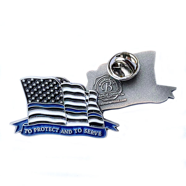 Thin Blue Line Police Sheriff To Protect And To Serve Flowing American Flag - Shield Shape Metal Lapel Pin