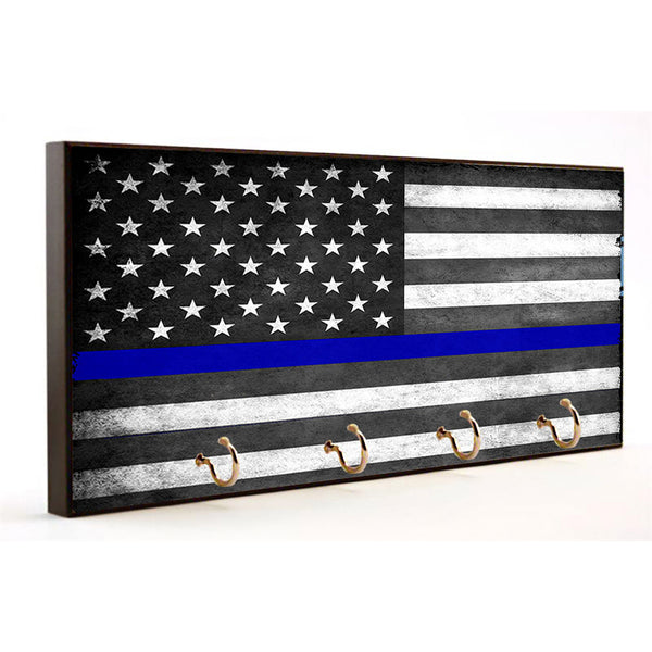 Law Enforcement Thin Blue Line Flag Wood Key Hanger Dog Leash Holder