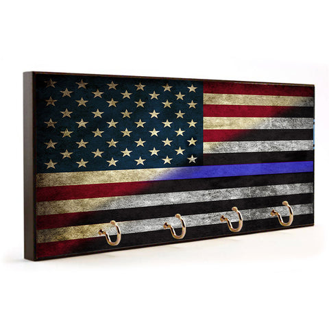 Law Enforcement Thin Blue Line American Flag Wood Key Hanger Dog Leash Holder