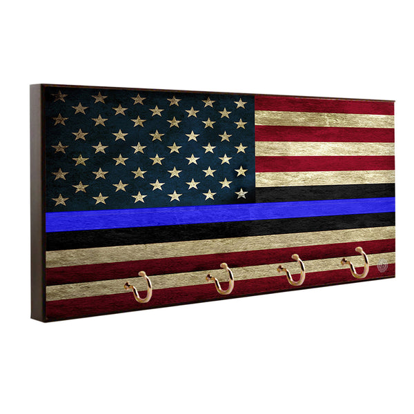 Sheriff Police Thin Blue Line American Flag Wood Key Hanger Dog Leash Holder