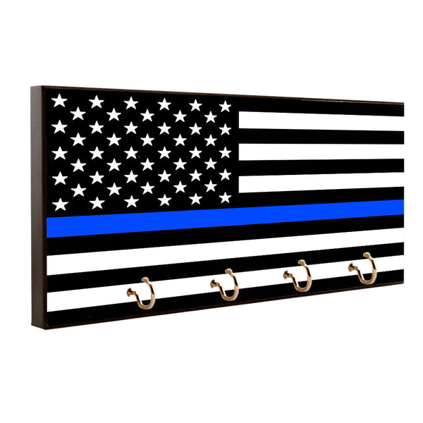Law Enforcement Thin Blue Line American Flag Wood Key Hanger Dog Leash Holder