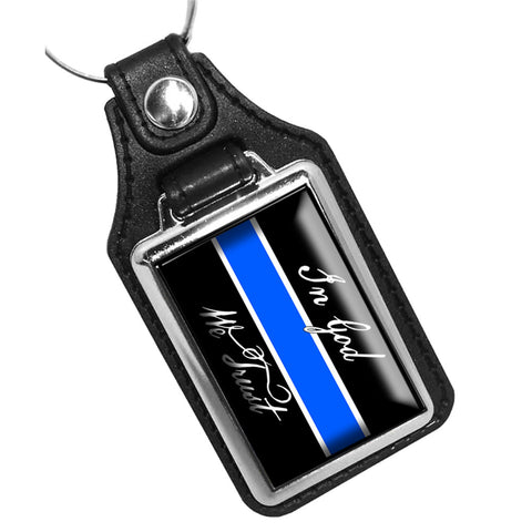 Thin Blue Line In God We Trust Flag Design Leather Key Ring