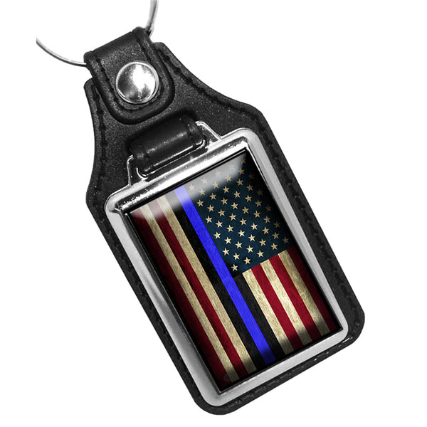 Thin Blue Line Law Enforcement Red White Blue American Flag Leather Key Ring