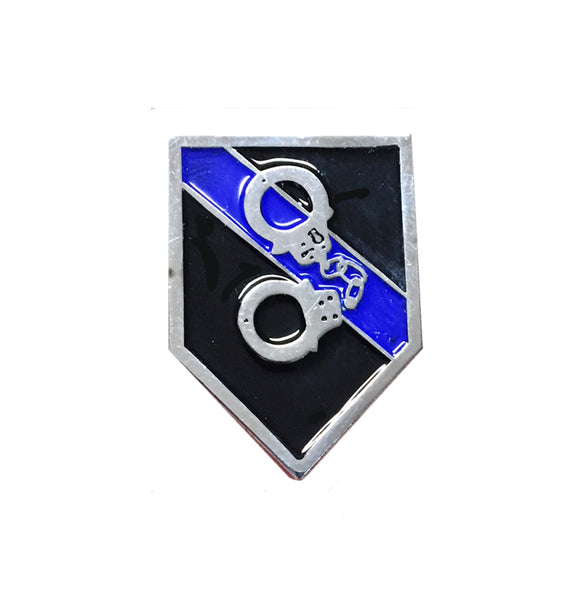 Thin Blue Line Police Sheriff Handcuffs Tools of the Trade - Shield Shape Metal Lapel Pin