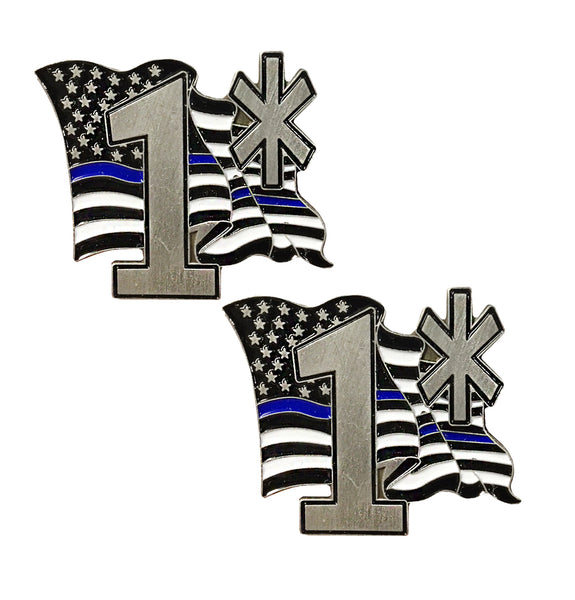 Thin Blue Line Police Sheriff 1* Flowing American Flag - Shield Shape Metal Lapel Pin