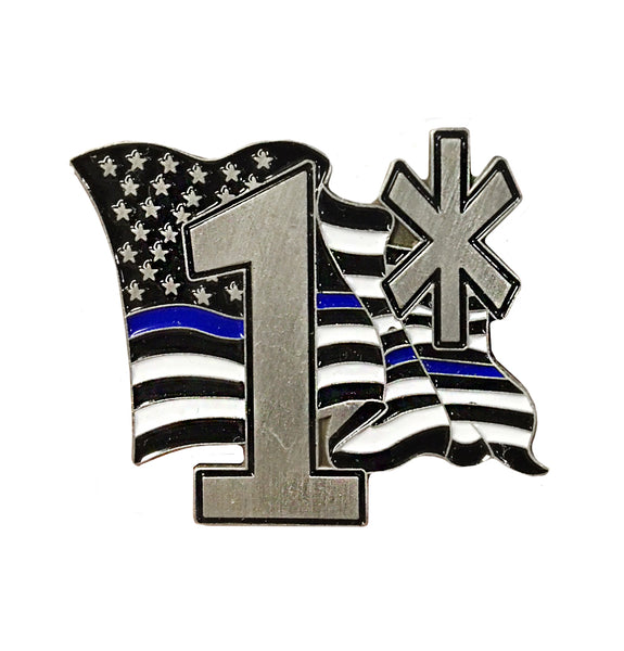 Thin Blue Line Police Sheriff 1* Flowing American Flag - Shield Shape Metal Lapel Pin