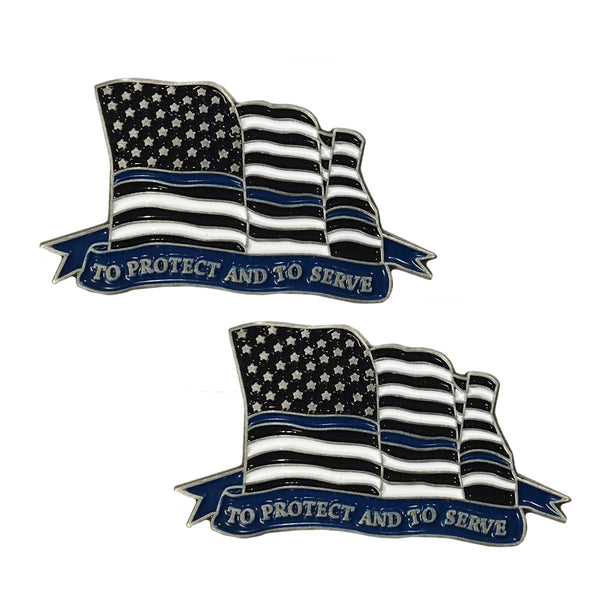 Thin Blue Line Police Sheriff To Protect And To Serve Flowing American Flag - Shield Shape Metal Lapel Pin