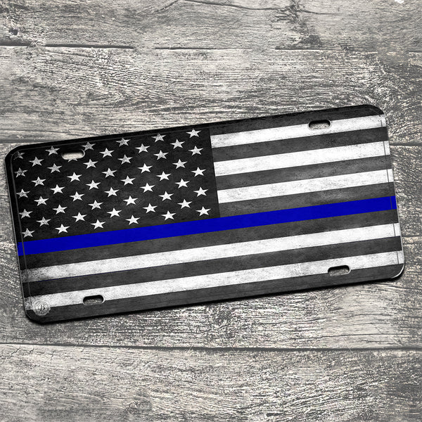 Thin Blue Line Subdued American Flag Aluminum License Plate